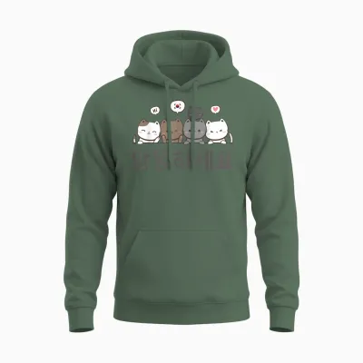 Korean Flag and Cats | Hello Korean Annyeong Haseyo T-Shirt, White, S Unisex Hoodie - Military Green