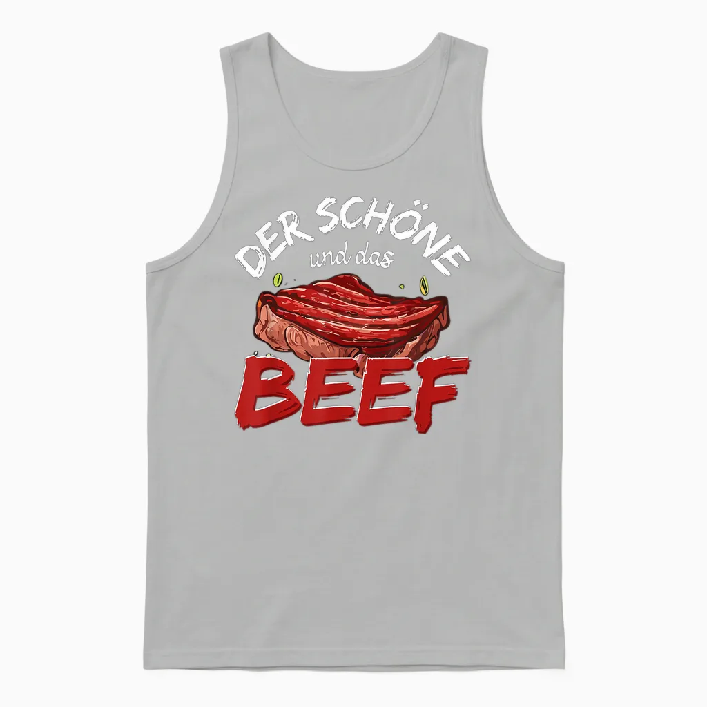 T-Shirt with German Text "der Schöne Und Das Beef Grillen" [german Language, Black Unisex Tank Top in Ash