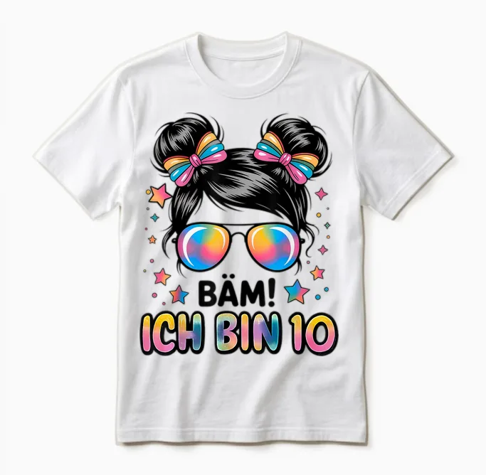 Bam! I'm 10 - Lustiger 10. Geburtstag Mädchen Regenbogen Messy Bun Sun Unisex T-Shirt in White