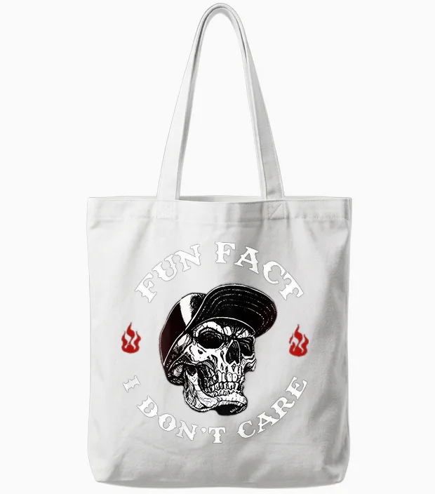 (on the Back) Fun Fact I Don't Care Funny Skeleton Saying Quote Tote Bags in White