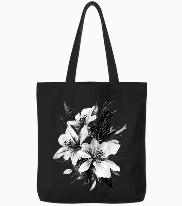 Botanical Art Flower Detailed T-Shirt, White, S Tote Bags in Black