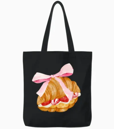 Strawberry Croissant with Pink Bow and Flirtatious T-Shirt, White, S Tote Bags - Black