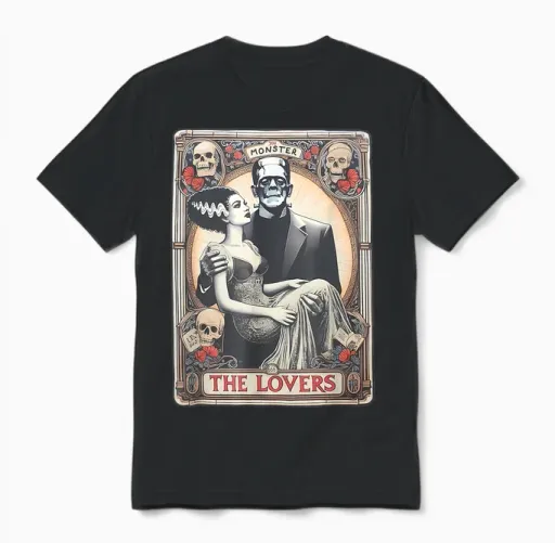 Retro Halloween Frankenstein Tarot Card T-Shirt - Unisex Adults - Black - Small - Short Sleeve - Regular Fit - Cotton 100%, Polyester Blend - Halloween, Retro, Couples, Tarot Card Fans, Unisex Unisex T-Shirt in Black