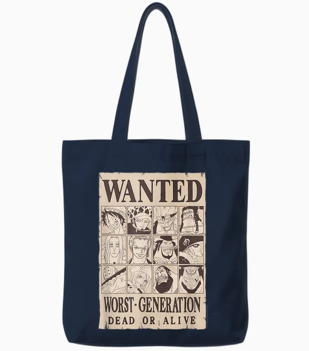 One Piece Anime Worst Generation Wanted Poster Collage Tote Bags in Navy