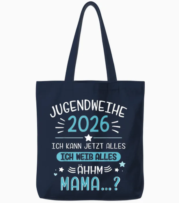 Jugendweihe 2026 Lustiger Spruch Weiß Alles Mama Für Jungs Tote Bags in Navy