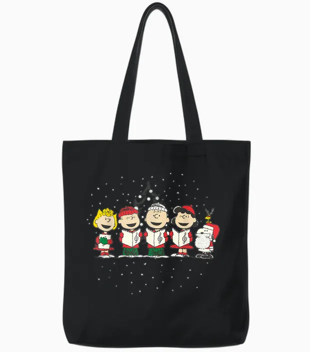 Peanuts Christmas T-Shirt - Blue, Unisex-Adults, Small, Short Sleeve, Classic Fit, Cotton, Polyester Blend Tote Bags in Black