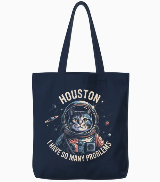 Houston I Have So Many Problems Space Cat Humour Tote Bags in Navy