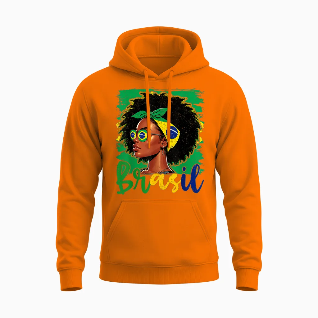 Brasileira Girl Brazil Flag Proud of Brazil Unisex Hoodie in Safety Orange