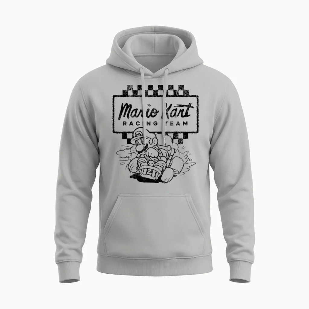 Mario Kart Racing Team Outlined Mario Drift Graphic Unisex Hoodie in Ash
