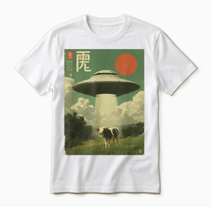 Lustiges Retro Vintage Japanische Kuh Entführung Alien Raumschiff Unisex T-Shirt in White