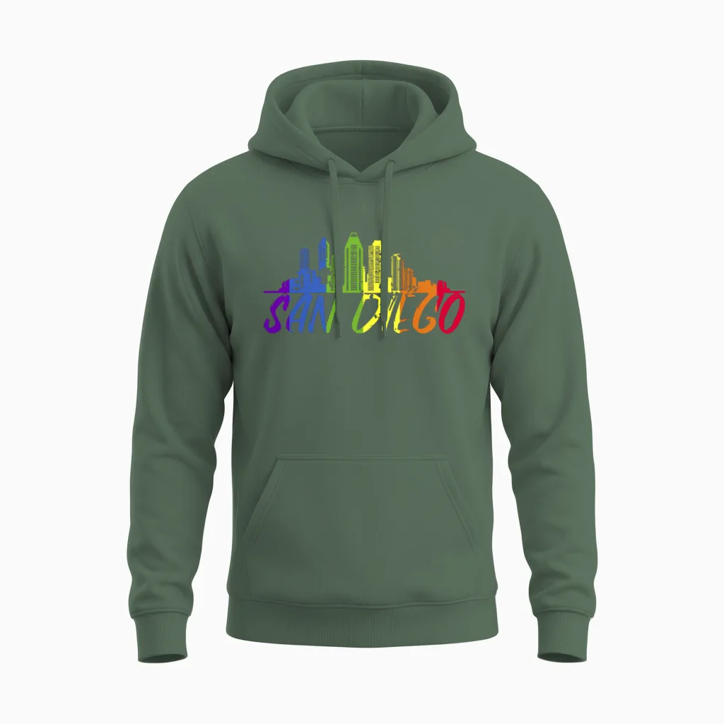 San Diego Pride Skyline, Pride Parade San Diego Unisex Hoodie in Military Green