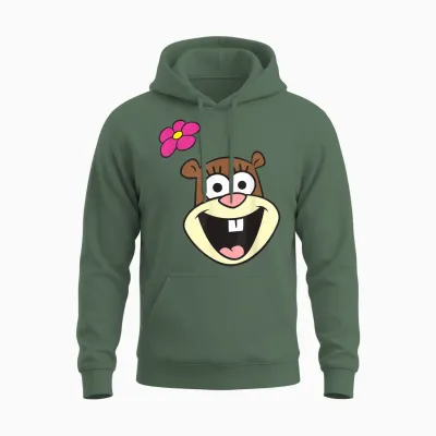 Spongebob Squarepants Cheerful Sandy Cheeks Big Face T-Shirt, Gray Unisex Hoodie - Military Green