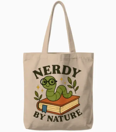Nerdy by Nature – Funny Bookworm Tote Bags - Natural