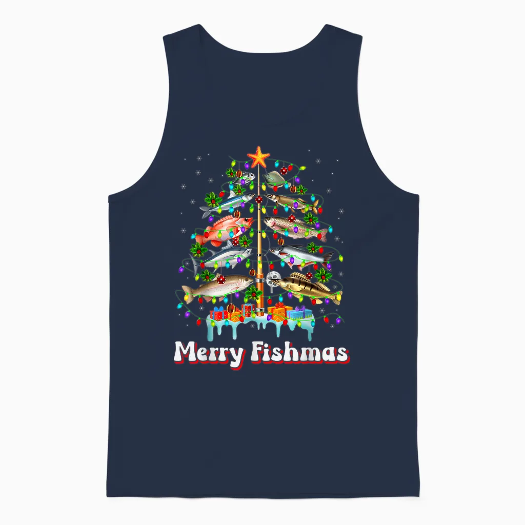 Merry Fishmas Christmas Tree Funny Fish Fishing Fisherman Unisex Tank Top in Navy