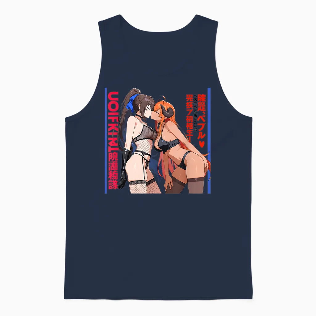 Sexy Anime Waifu Kissing Girls Horns, Japanese Manga Style T-Shirt, Black, S Unisex Tank Top in Navy