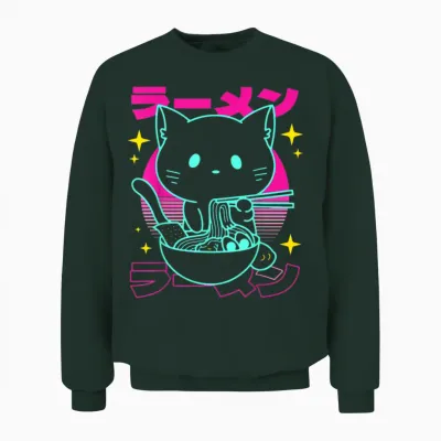 Anime Ramen Cat Retro Japanese Noodles Aesthetic Kawaii Cat Unisex Sweatshirt - Forest
