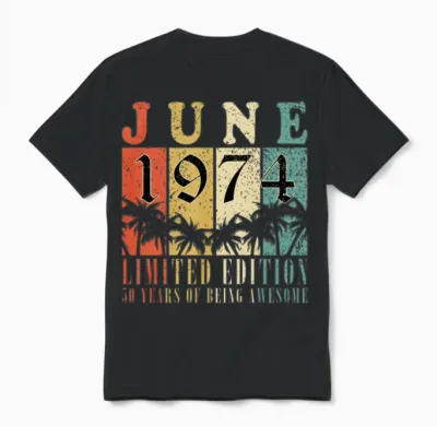 June 1974 Vintage Birthday Present Unisex T-Shirt - Black