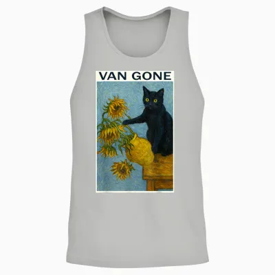 Van Gogh Black Cat with Sunflowers Funny Cat T-Shirt, Black, S Unisex Tank Top - Ash