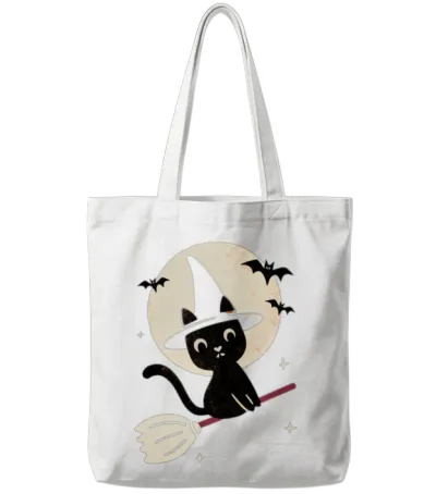 Vintage Witch Cat T-Shirt – Retro Halloween Cat Tote Bags - White