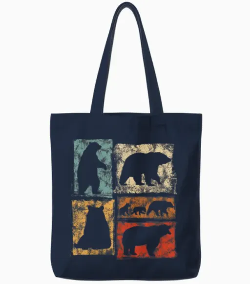 Retro Bear Pattern for Men, Women, Kids Vintage Tote Bags - Navy