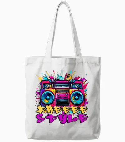 Boombox Graffiti Urban Street Wear Hip Hop Colorful T-Shirt, Black, S Tote Bags - White