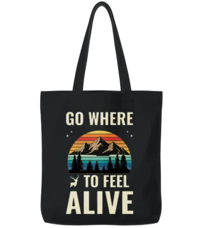 Go Where to Feel Alive Vintage Mountain Sunset Tote Bags - Black