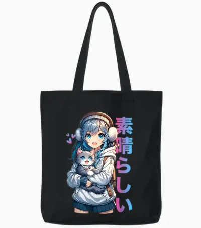 Cute Anime Girl with Cat for Cat Lover Kawaii Otaku Manga Tote Bags - Black