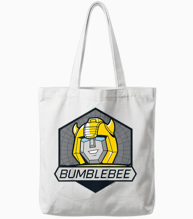Children's Retro Badge Transformers Bumblebee Kids T-Shirt, Blue, 2 Tote Bags in White