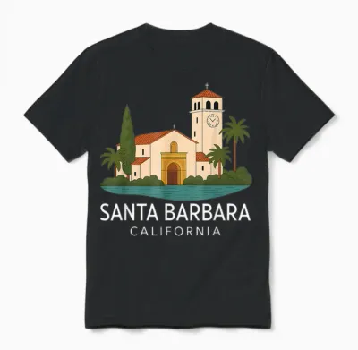 Santa Barbara Beach Retro California Surf Isla Vista Mission Unisex T-Shirt - Black