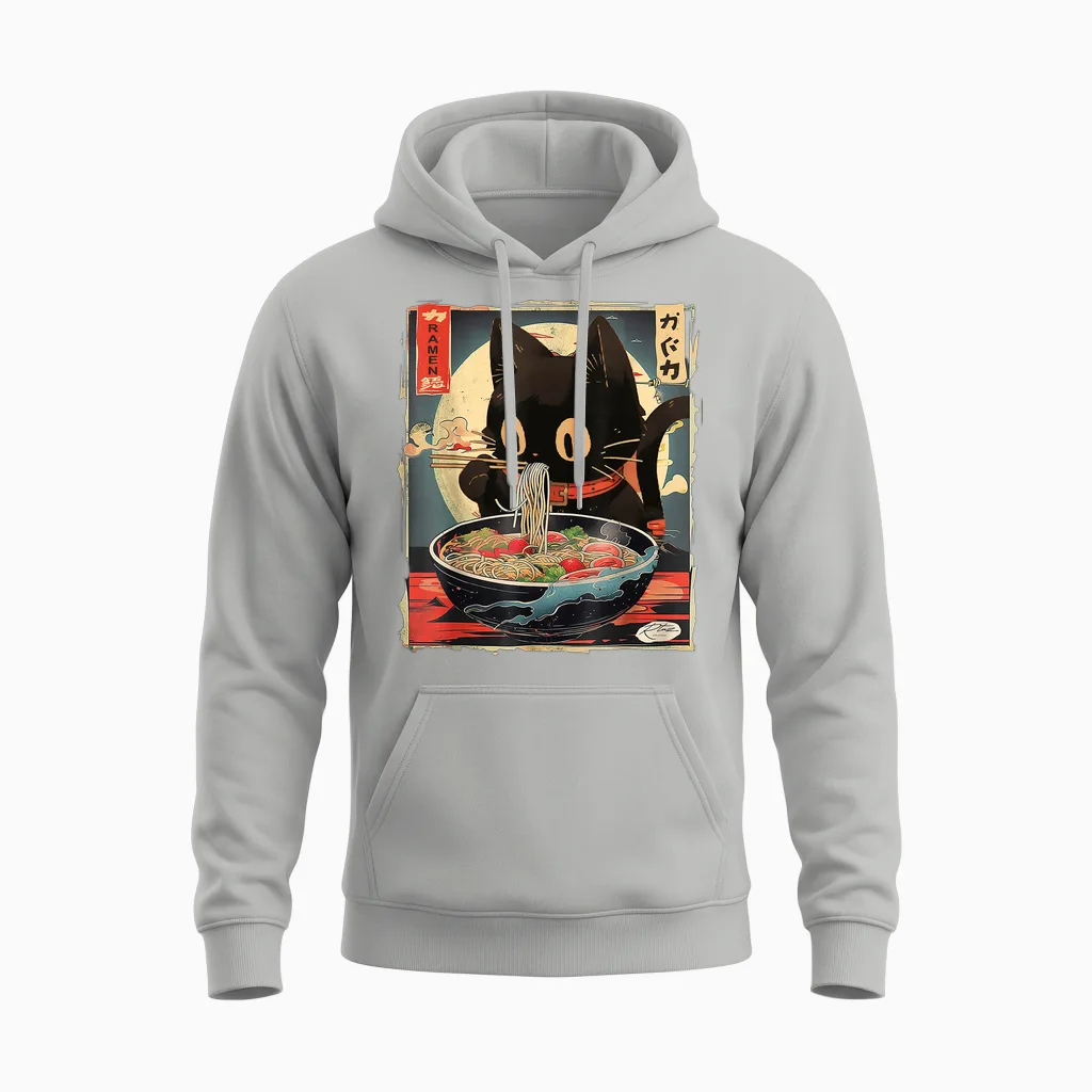 Cat Ramen Manga Anime for Kids Boys Girls Teens Kawaii Cat Eating Ramen Noodles Anime Gift Girls Teens Unisex Hoodie in Ash