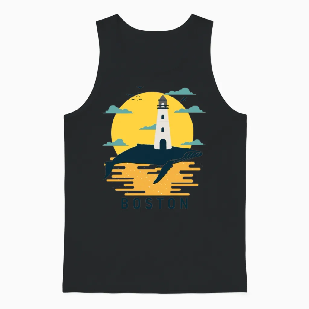 Boston Lighthouse Whale Sunset Unisex Tank Top in Black