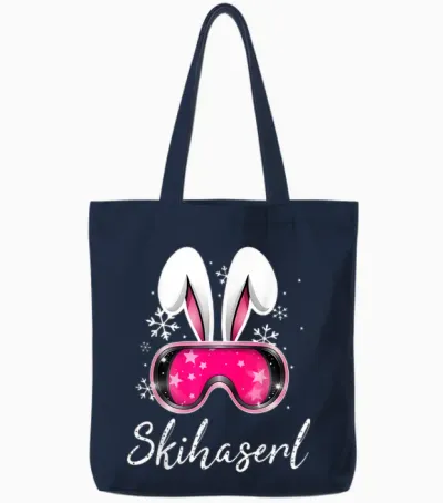 Skihaserl Aprés Ski Rabbit X Funny Ski Bunny Drawing T-Shirt, Black Tote Bags - Navy