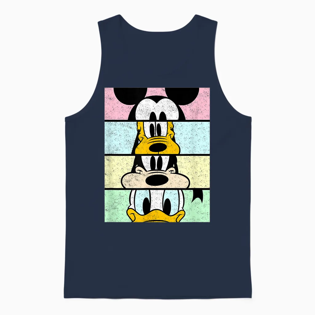Disney Mickey and Friends Group Comic Panels Distressed Unisex Tank Top in Navy