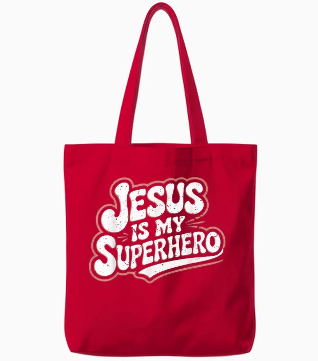 Girls Jesus Is My Superhero Christian Toddler Sister God Mom Tote Bags in Red