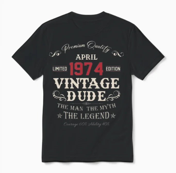 April 1974 Vintage Birthday Present Unisex T-Shirt in Black