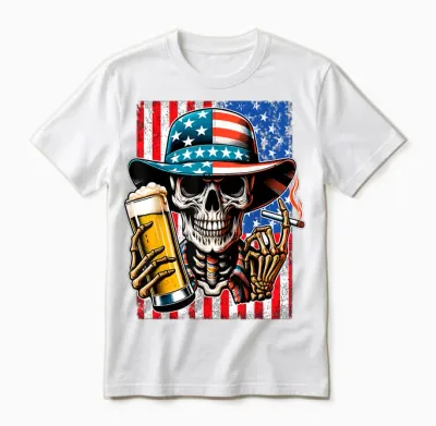 4th of July Shirt for Women Men American Flag Skull Skeleton Unisex T-Shirt - White