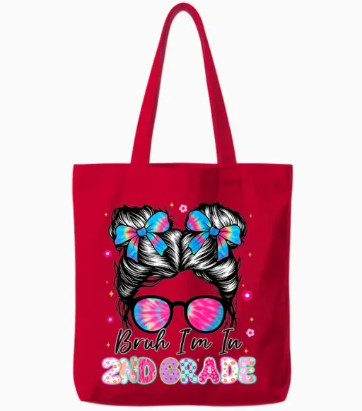 Bruh Im in 2nd Grade Messy Bun First Day of School Girls Tote Bags in Red