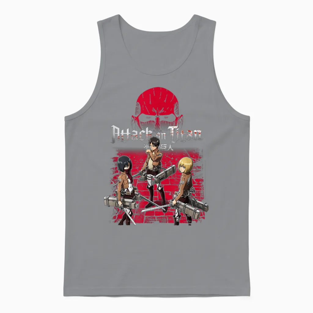 Attack on Titan 3 Main Characters Red Background Anime Unisex Tank Top in Sport Grey