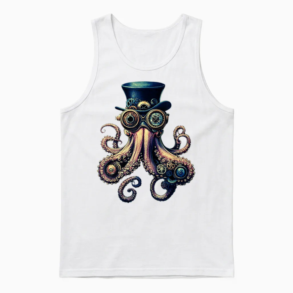 Steampunk Octopus - Gears, Glasses and Tentacles Design Unisex Tank Top in White