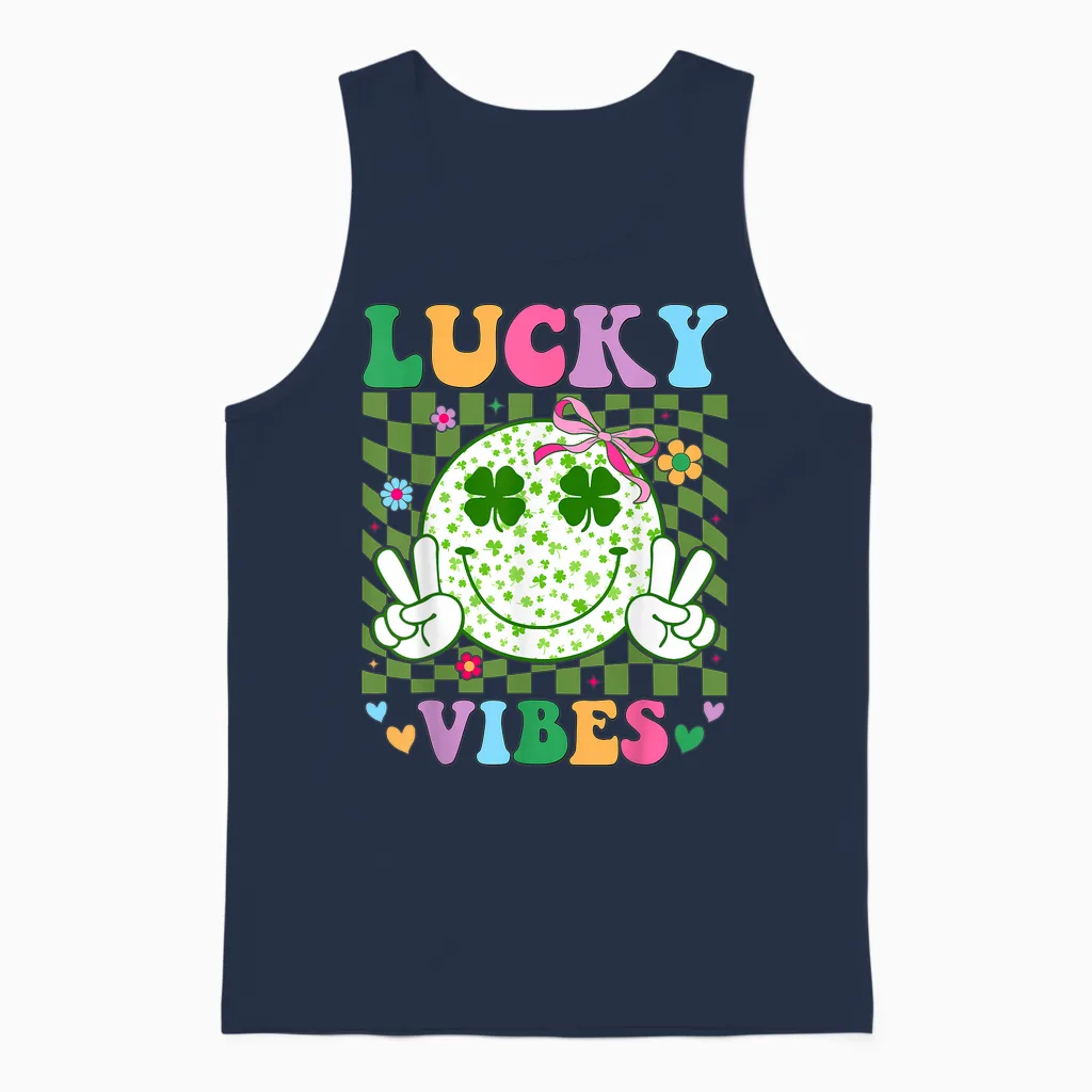 Groovy St Patricks Day Lucky Vibes Shamrock Women Girls Unisex Tank Top in Navy