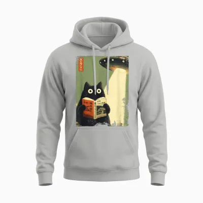 Vintage Japanese Cat Book for Ufo Lovers Alien Abduction Unisex Hoodie - Ash