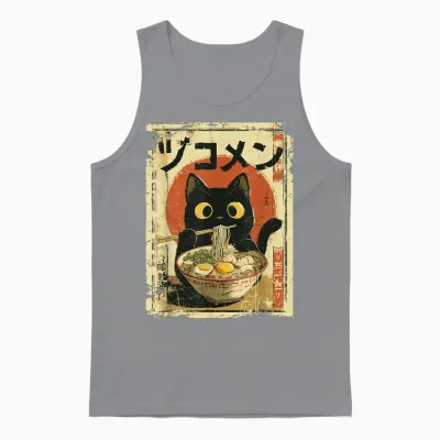 Kawaii Cat Eating Noodles Ramen Funny Vintage Anime Japanese Unisex Tank Top - Sport Grey