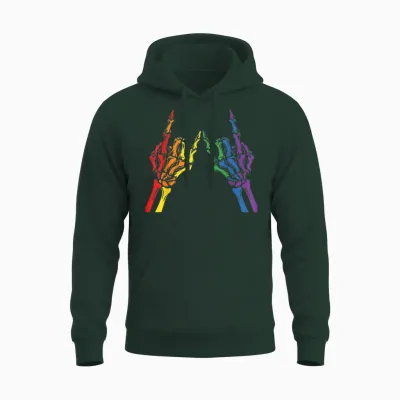 Skeleton Rock Hand Lgbt-Q Cool Rainbow Flag Gay Pride Ally Unisex Hoodie - Forest