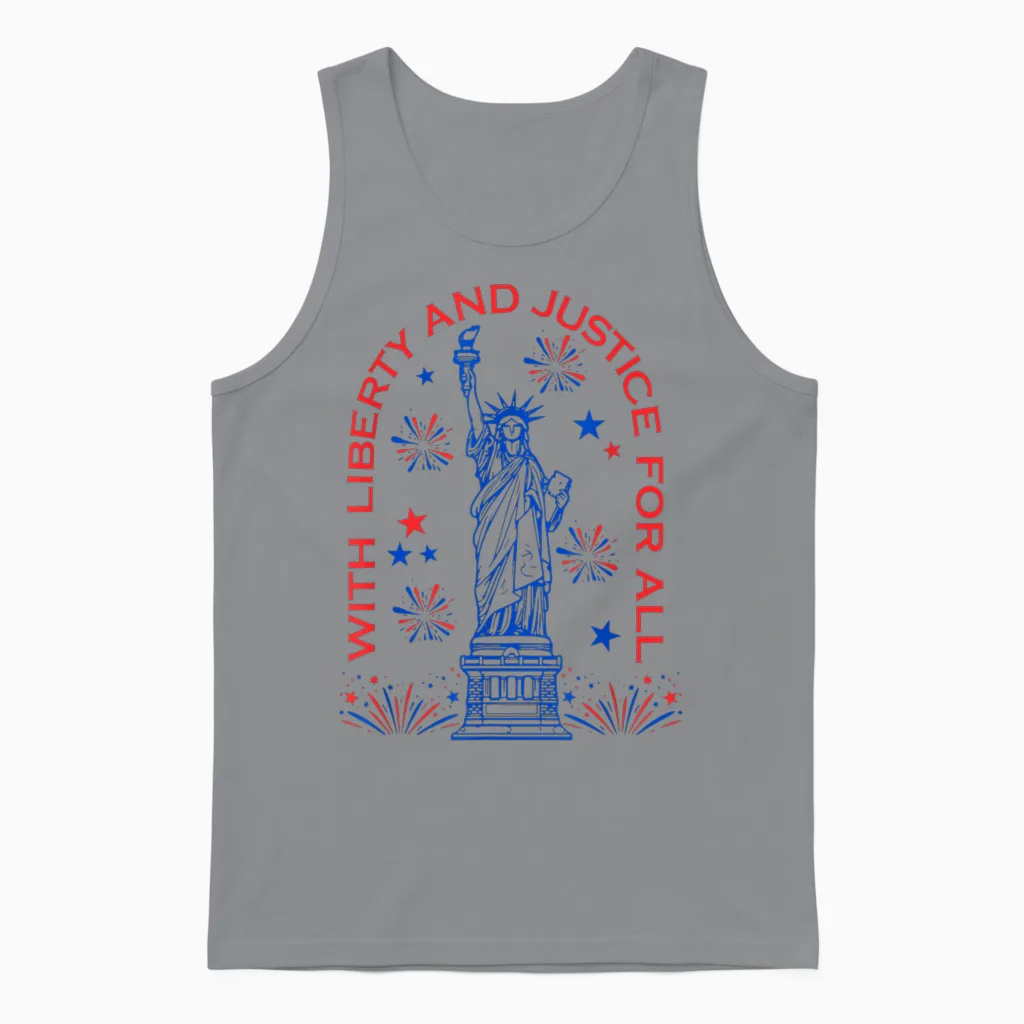 Retro Funny 4th of July with Liberty and Justice for All Unisex Tank Top in Sport Grey