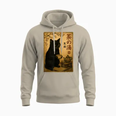 Cat Black Drinking Tea Japanese Vintage Tea Time Unisex Hoodie - Sand