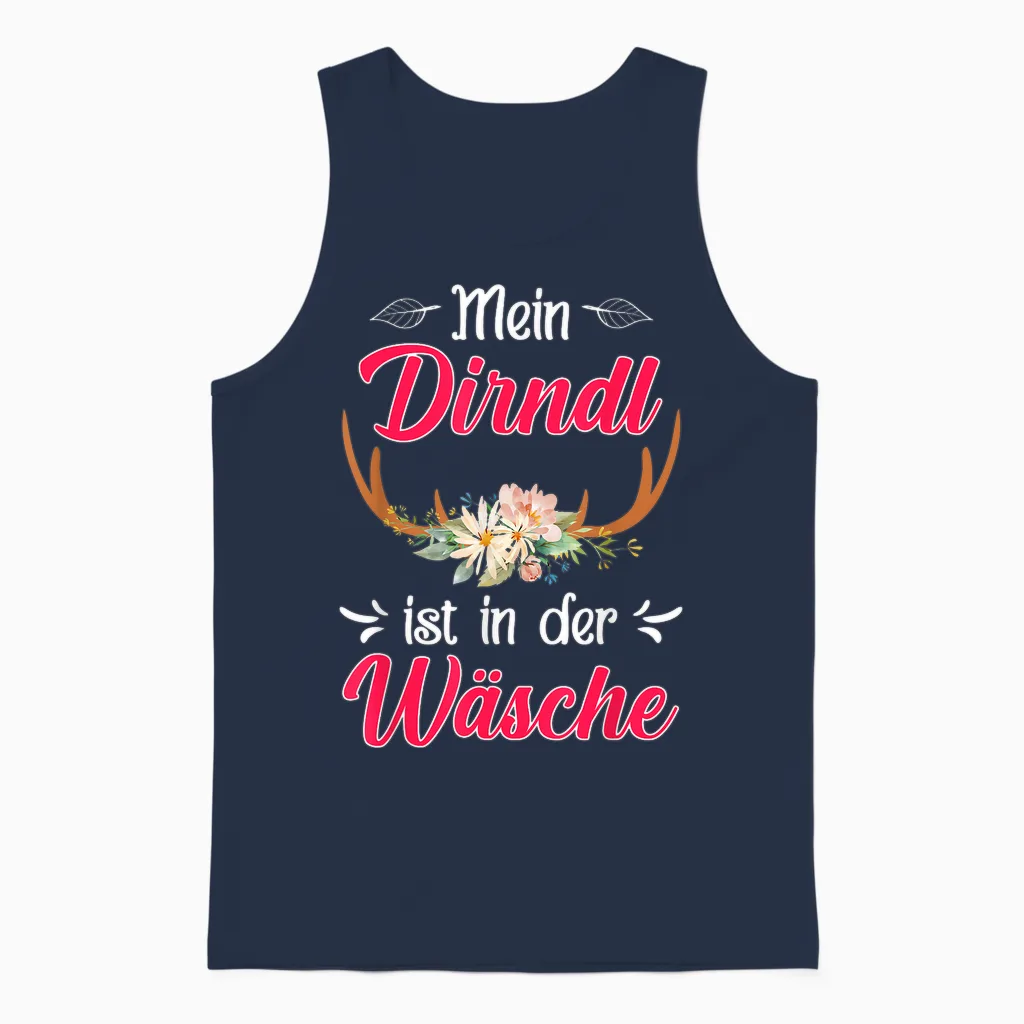 T-Shirt with German Text "mein Dirndl Ist in Der Wäsche" (my Dirndl, Black Unisex Tank Top in Navy
