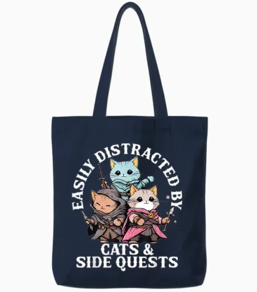 Cats Side Quest Distracted Tabletop Funny Men Women Kids Dad Tote Bags - Navy