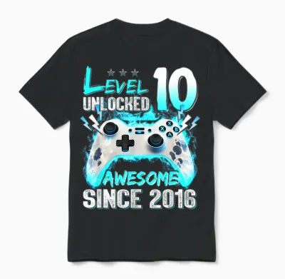 Niveau 10 Débloqué 10e Anniversaire 10 Ans Garçon Vidéo Gamer Unisex T-Shirt - Black