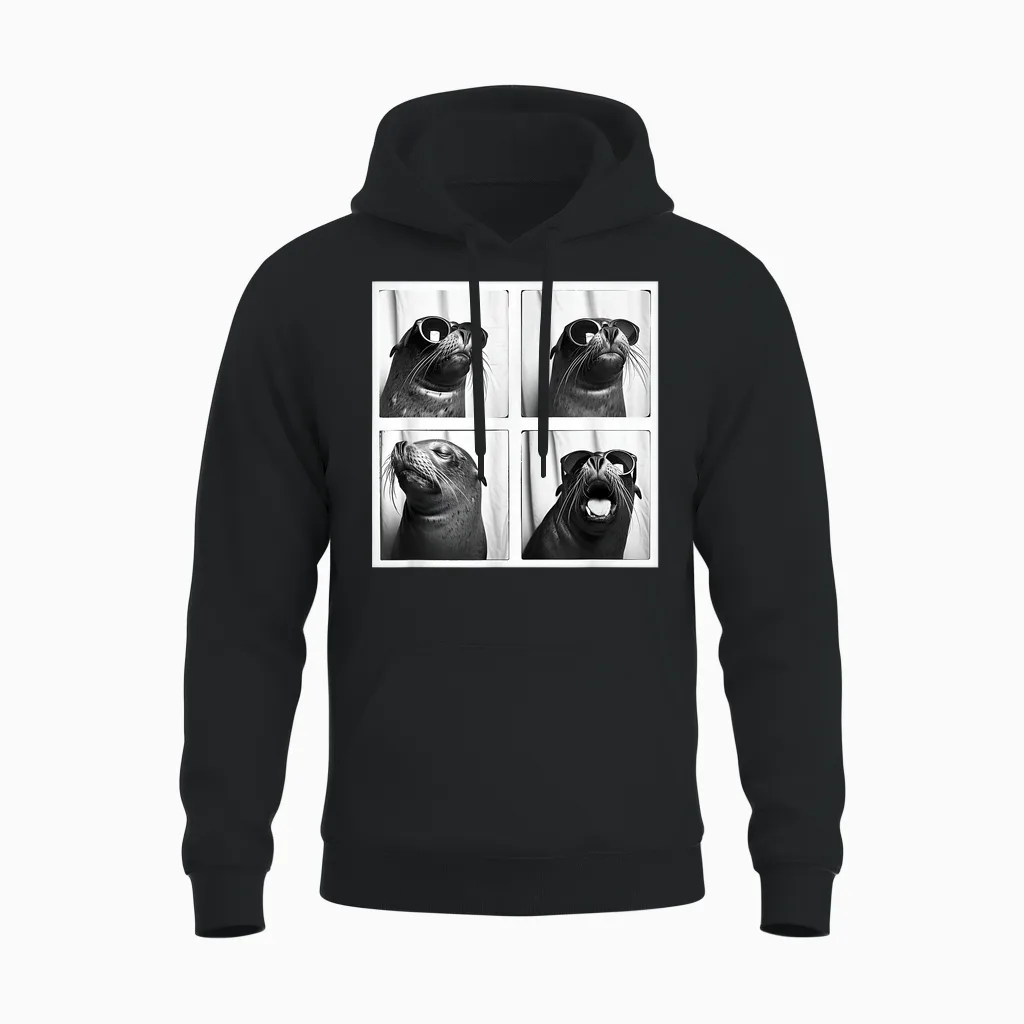 Seal with Sunglasses Cool Sea Lion Ocean Animal Photobooth Unisex Hoodie in Black