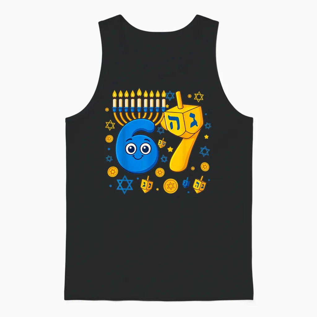 67 Hanukkah Funny Jewish Chanukah 67 Menorah Dreidel Meme Unisex Tank Top in Black